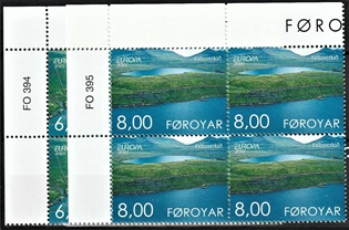FRIMÆRKER FÆRØERNE | 2001 | AFA 394,395 | Europamærker - 6,00 + 8,00 kr. flerfarvet i marginal 4-blokke - Postfrisk